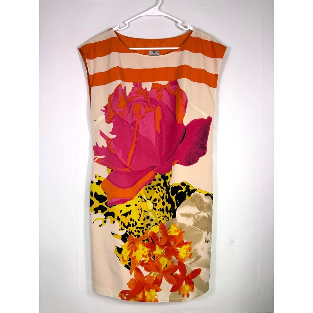 Worthington Floral Dress Bright Tropical Abstract Print Orange Pink Sz 10 0479